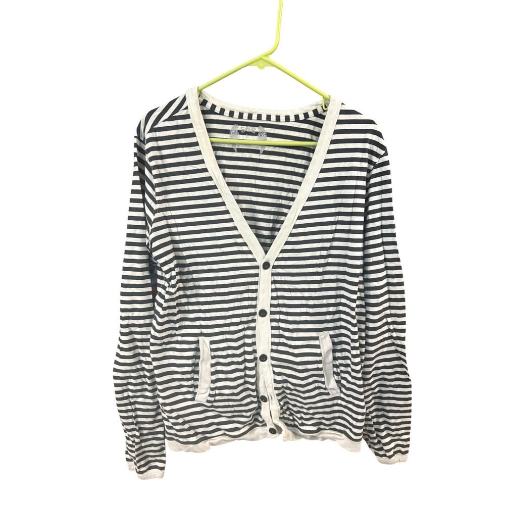 SGR Mens Black White Striped Cotton Cardigan Sweater V-Neck Button Front Large